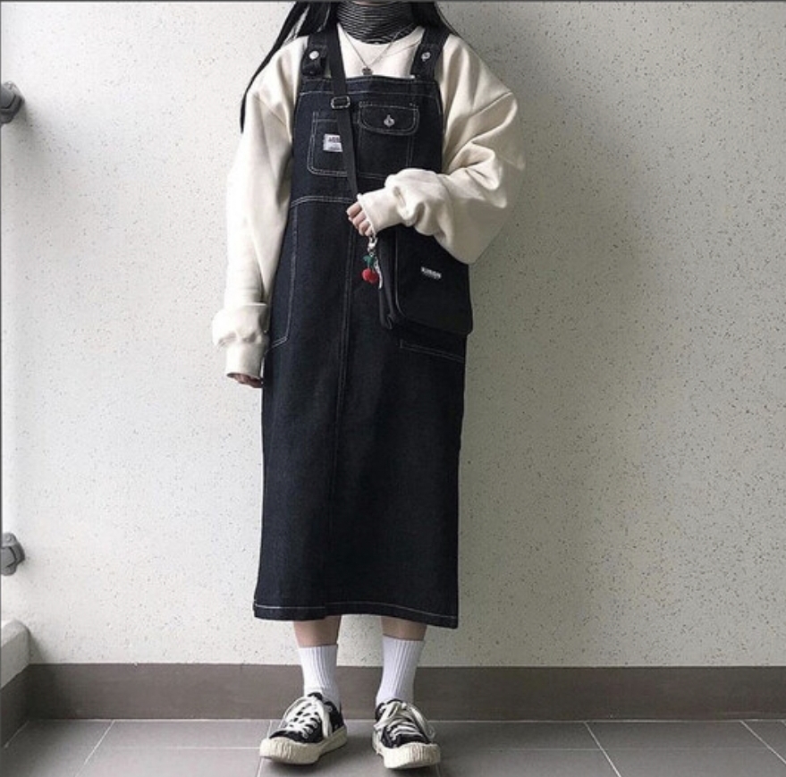 흑청 코튼 데님 멜빵 롱원피스 오버롤 스커트 / 핫핑 리리앤코 바온