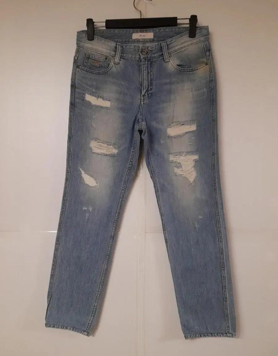 32)플랙진 가죽패치 워싱 연청 데님 생지 찢청 밀란 일자청바지