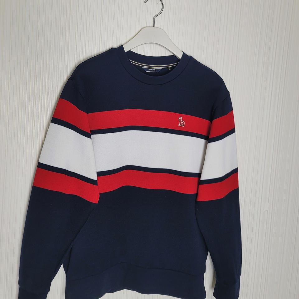 100_헤지스 컬러블록 맨투맨니트 네이비 레드