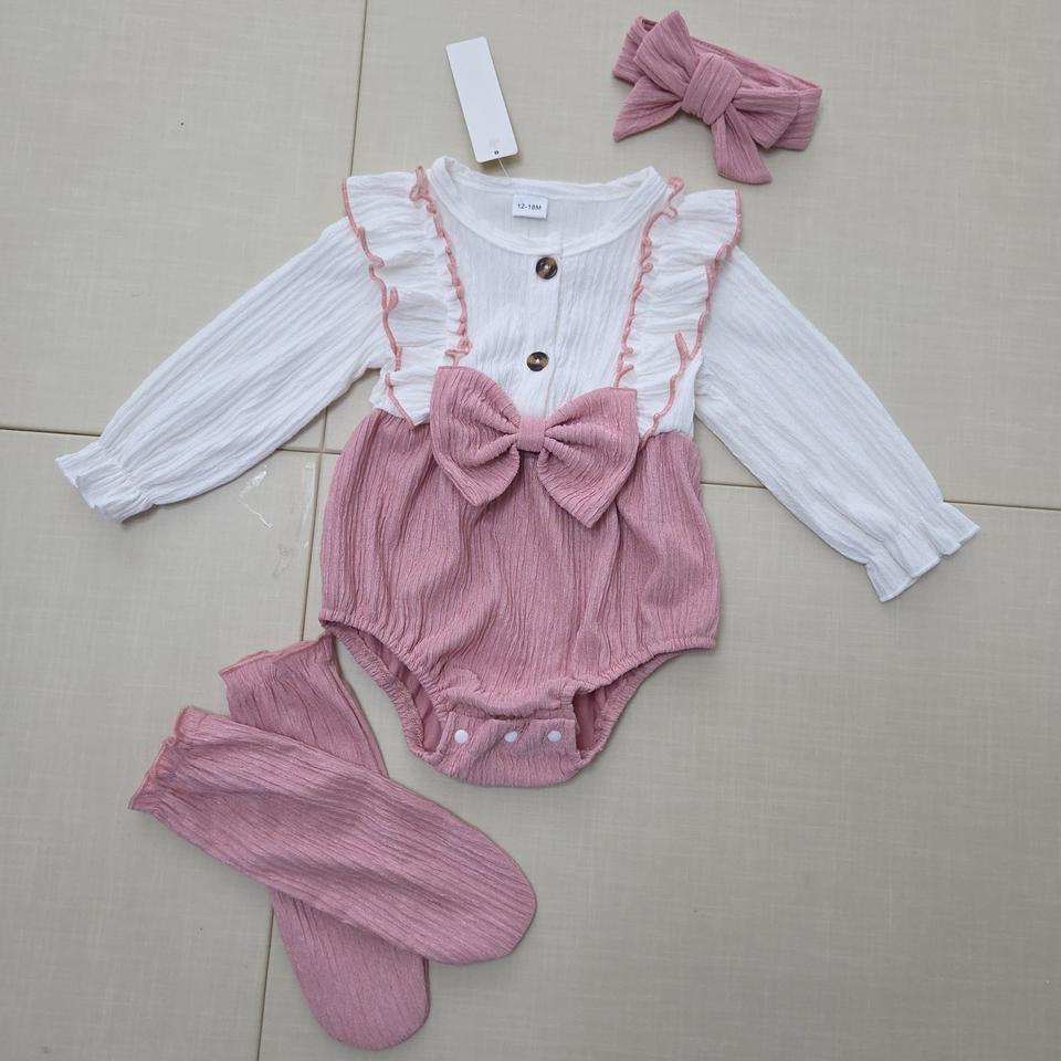 (새상품) 돌아기 여아 프릴 바디수트 양말 헤어밴드세트 80-90호