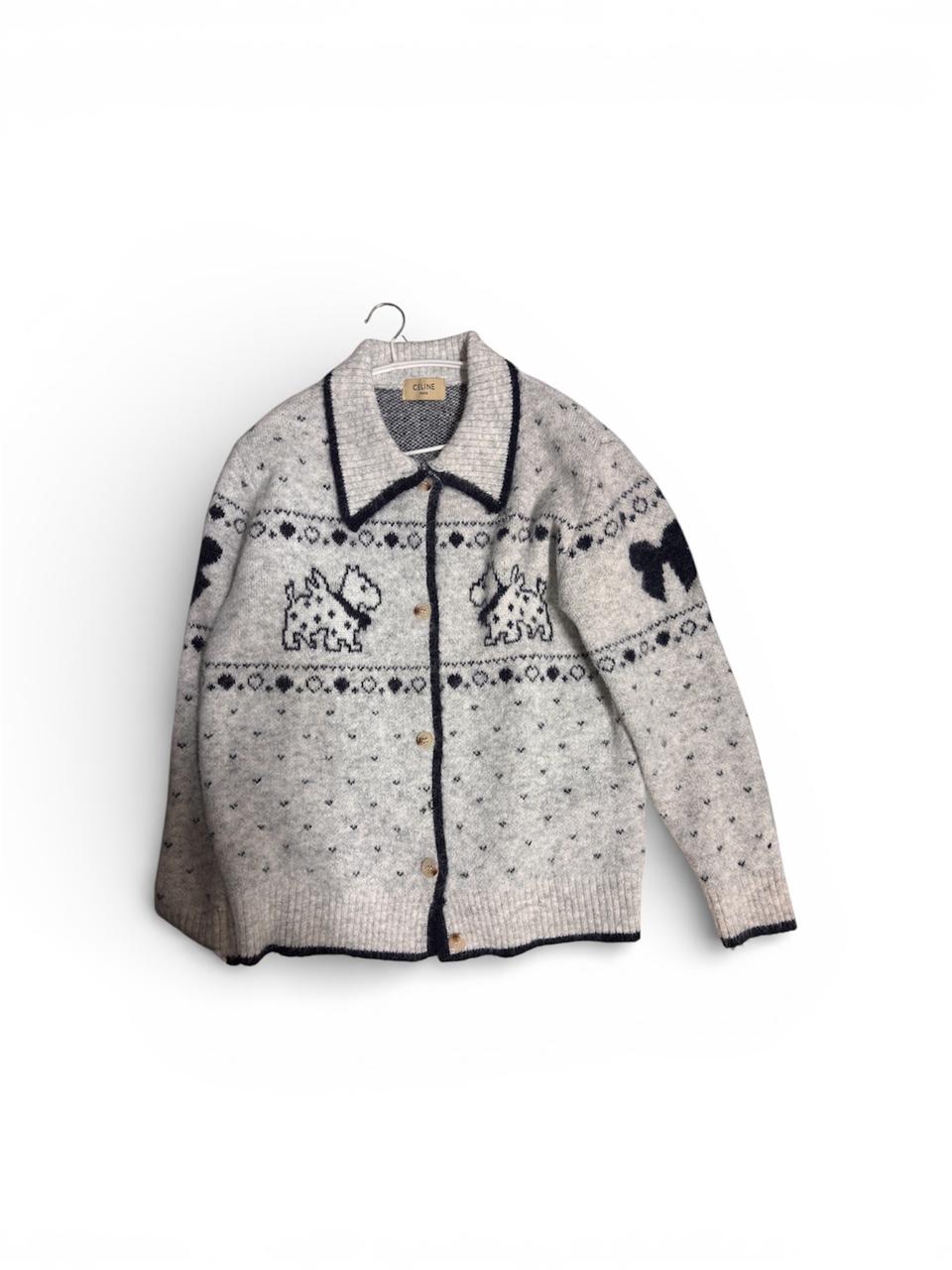 셀린느 스타일 노르딕 강아지 패턴 니트 가디건