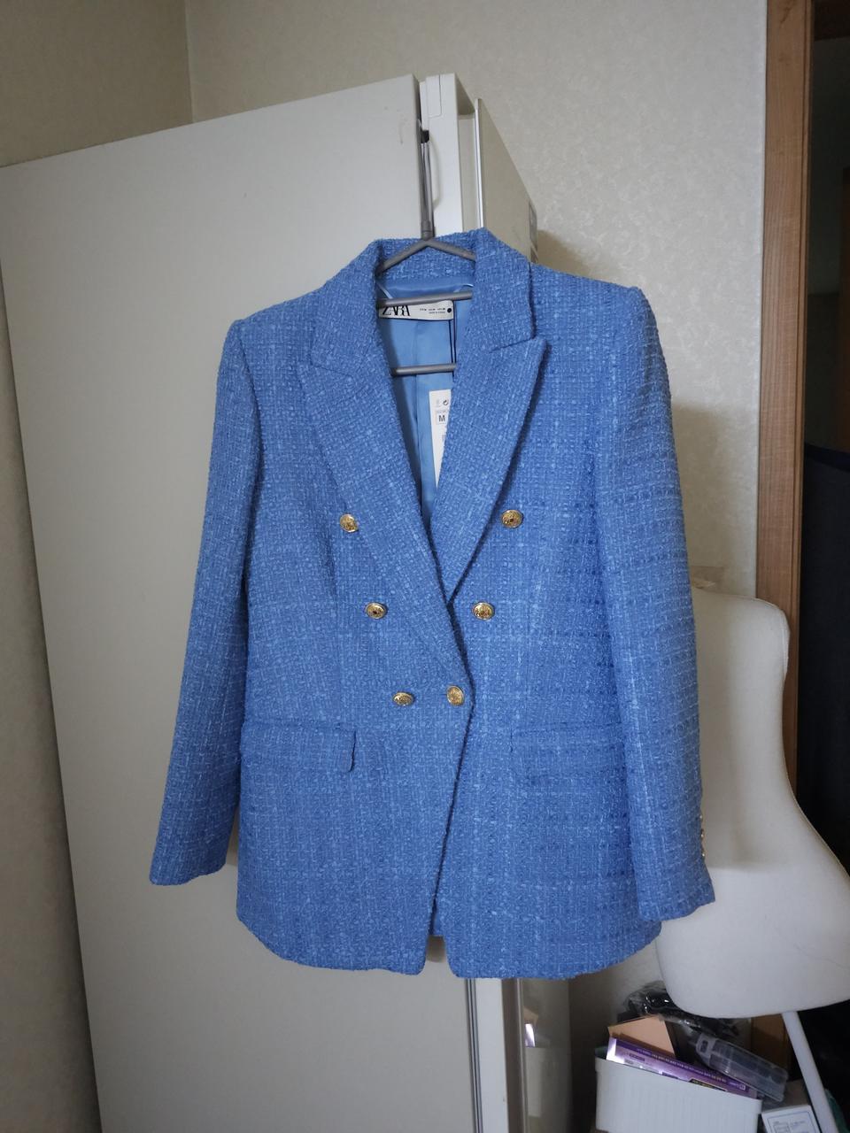 새상품)자라 블루 트위드 금장 버튼 자켓