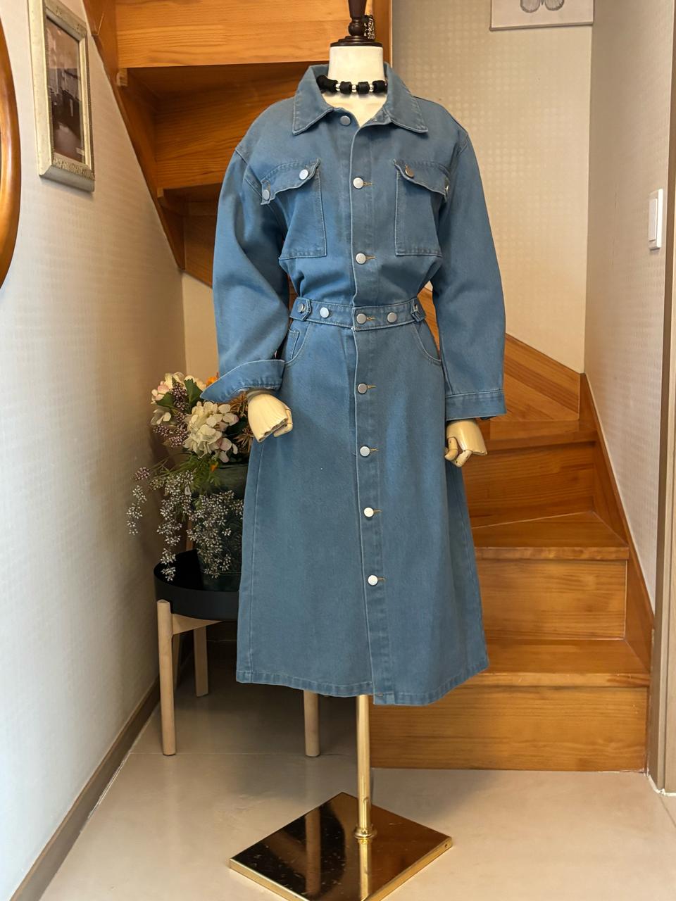 청 데님 롱 원피스