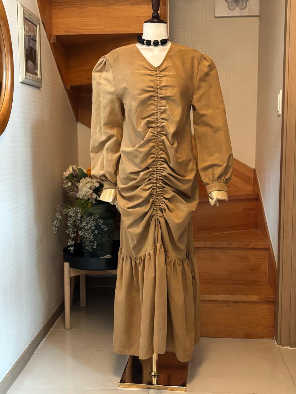 브라운 셔링 롱 원피스