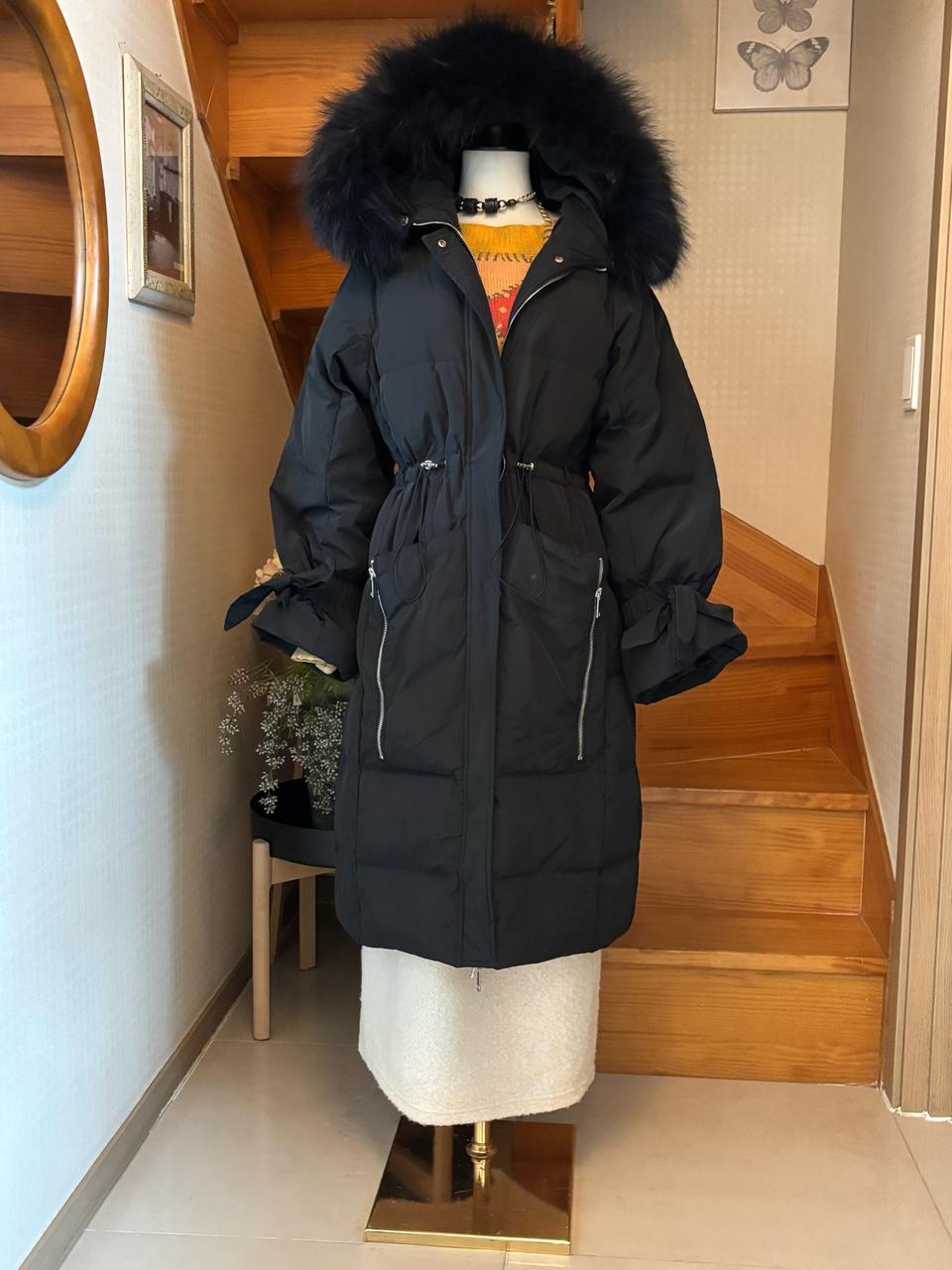 블랙 롱 패딩 폭스퍼 후드 코트