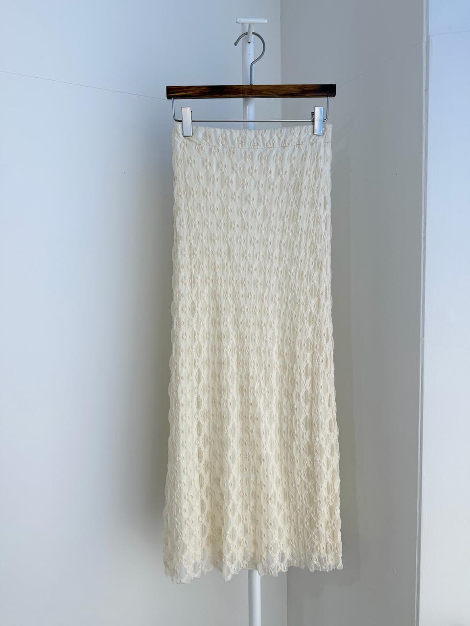 크림 플라워 자수 레이스 롱 스커트