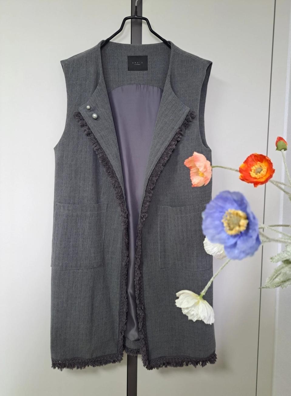 그레이 수슬장식 예쁜 주머니0 안감0 오픈형 롱조끼