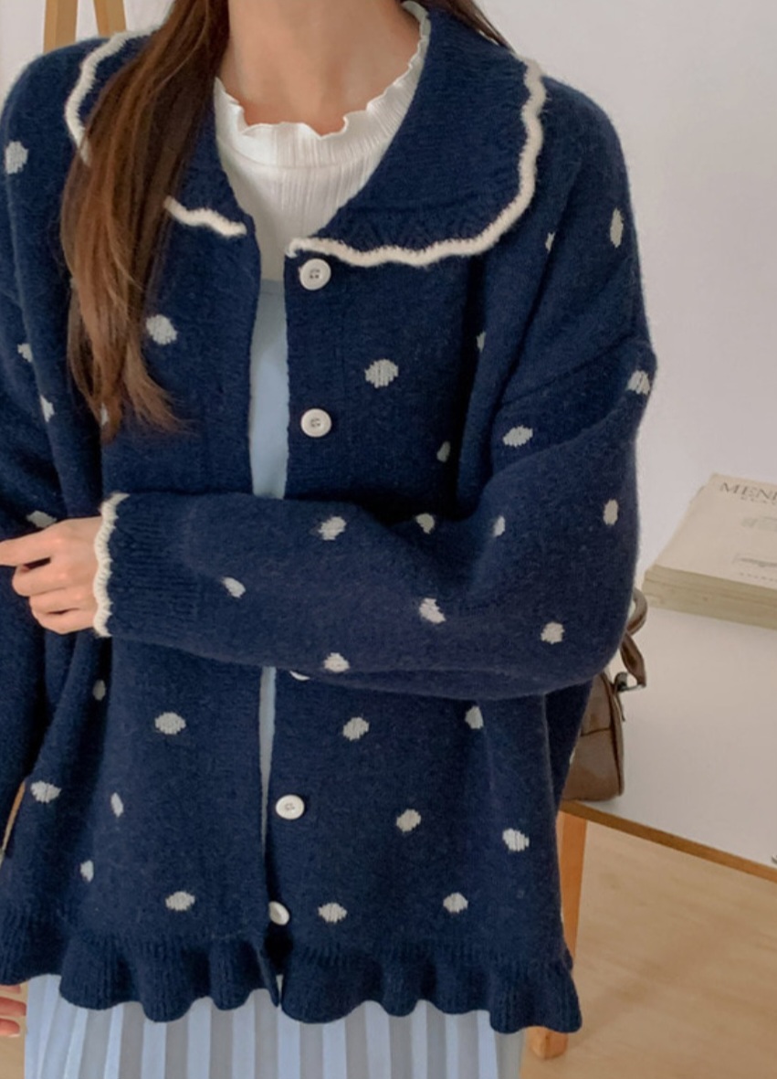 [새상품]로미스토리 세일러카라 빅카라 러블리 도트 프링스 가디건 네이비