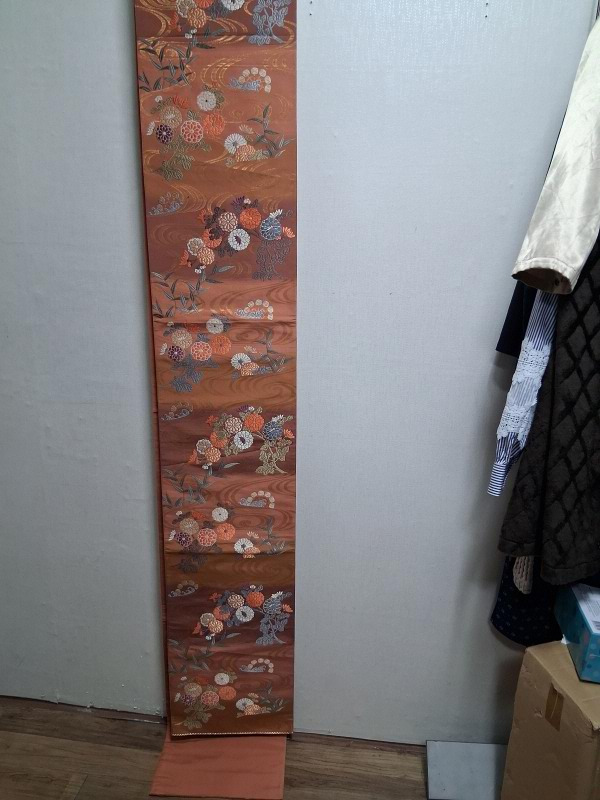 후쿠로오비 일본 기모노 오비 금빛물결 대나무 자카드패턴 견 실크 