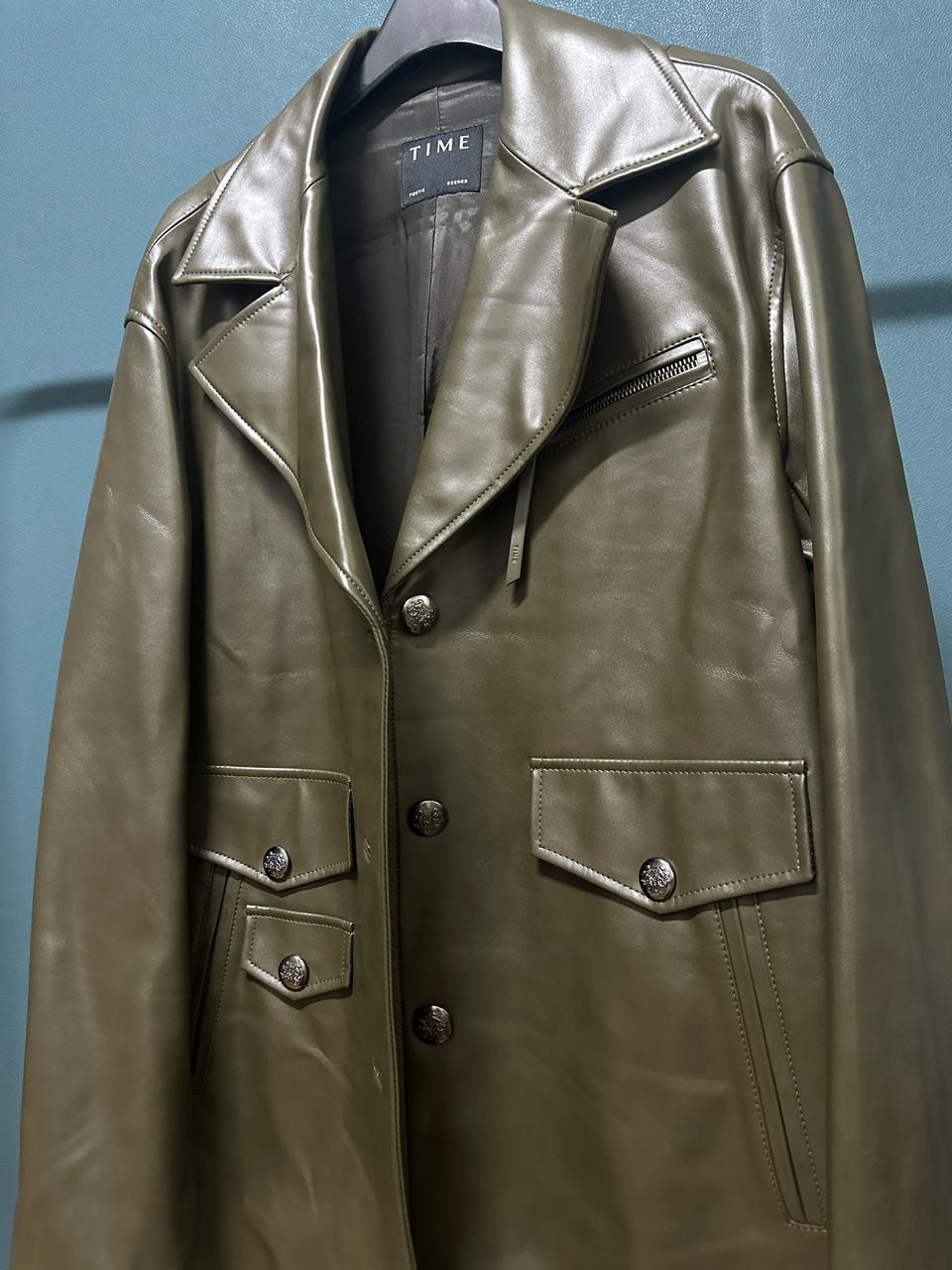 TIME 타임 짙은 올리브색상 가죽 자켓