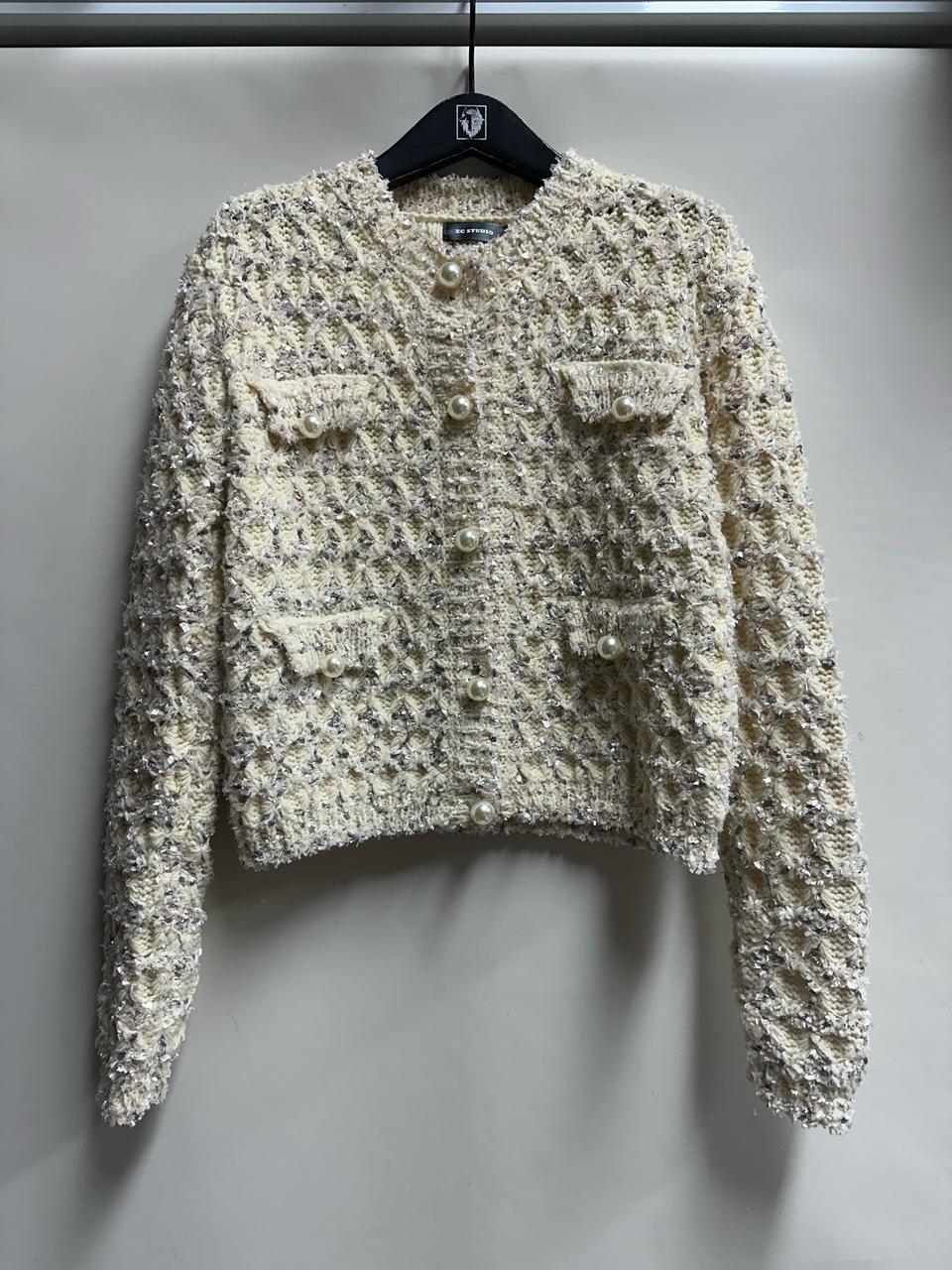 진주 버튼 트위드 니트 가디건 S