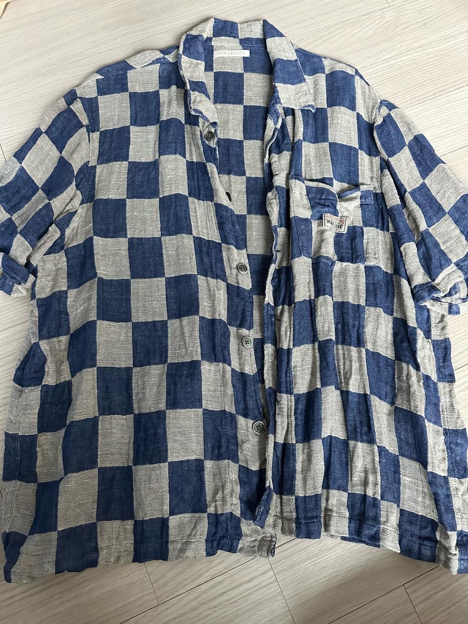 (L) 스투시 x 아워레가시 워크숍 박스 셔츠 블루 그레이 리넨 체크