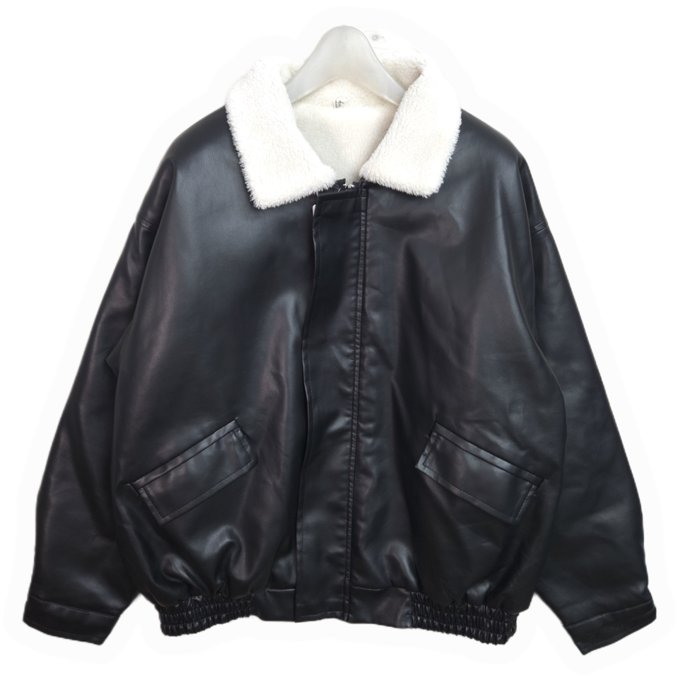 여 M-L 페이크 레더 안감 뽀글이 오버핏 자켓  