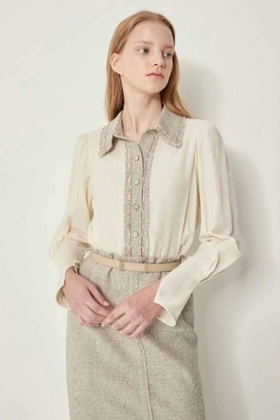 시스템 벨티드 텍스처블록 트위드 원피스 55사이즈