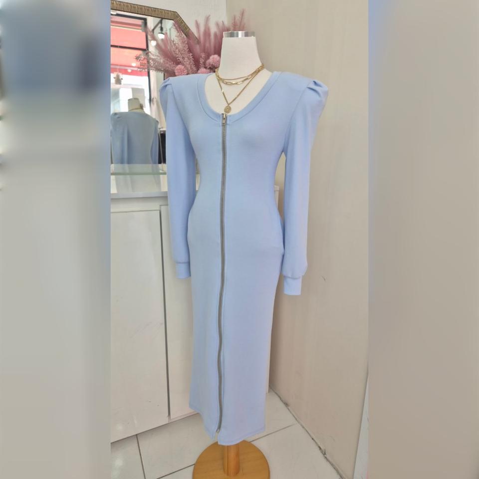 글램핏 지퍼 퍼프 숄더 라운드넥 슬림 롱 원피스ㅡ무배