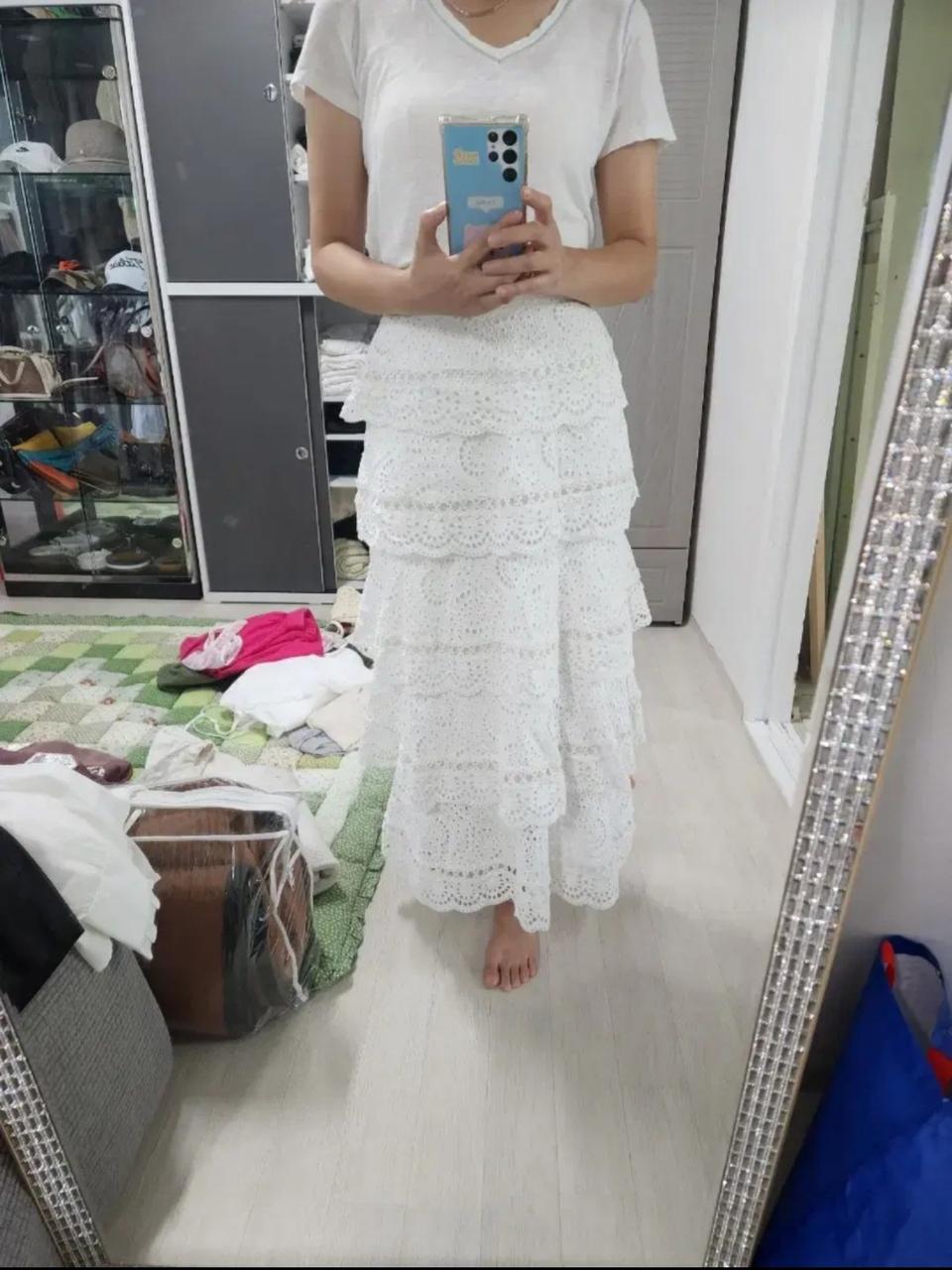 고급 펀칭 레이스 3단 롱 스커트