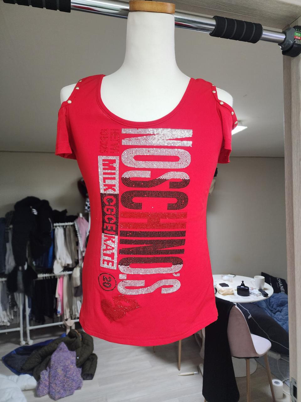 레드 스톤 반짝이  반팔 티셔츠