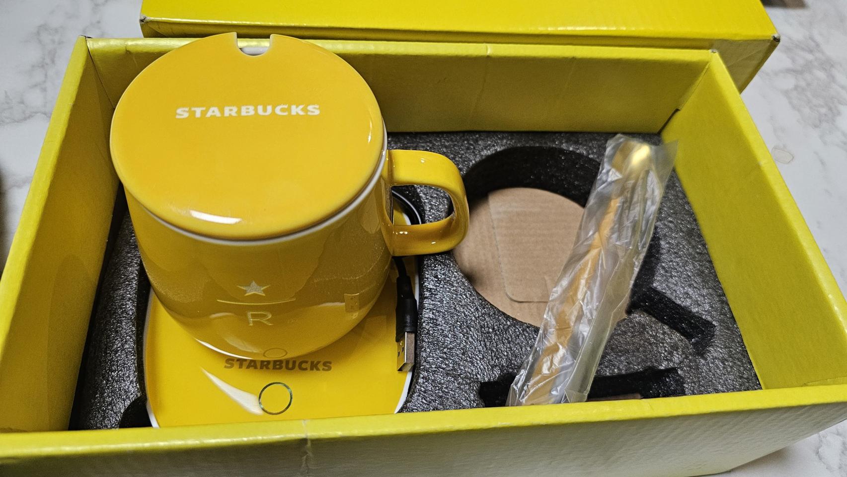 선물용  굿 스타벅스 옐로우 USB  온열식 머그컵세트 새상품