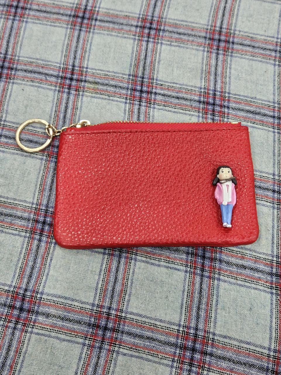 귀여운 캐릭터 소가죽 카드지갑 키링 레드
