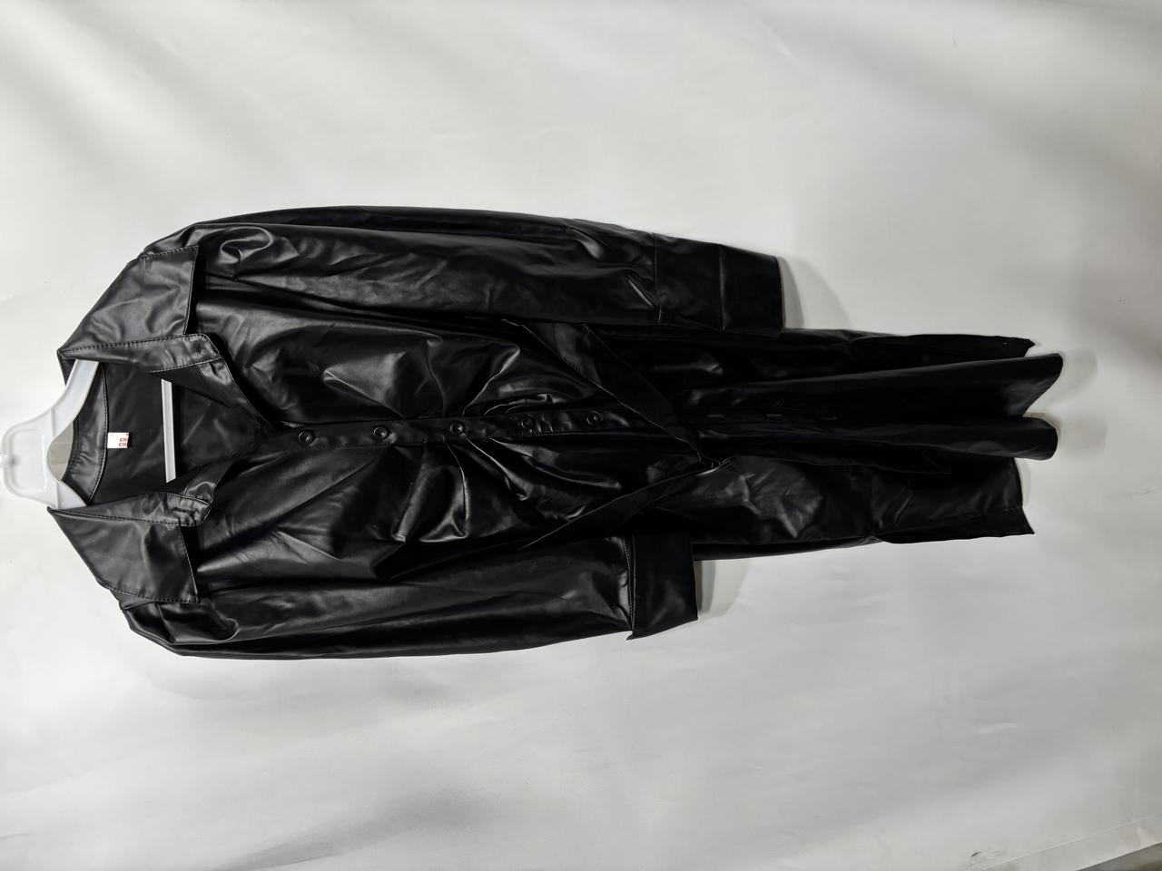 블랙 페이크 레더 셔링 셔츠 롱 원피스