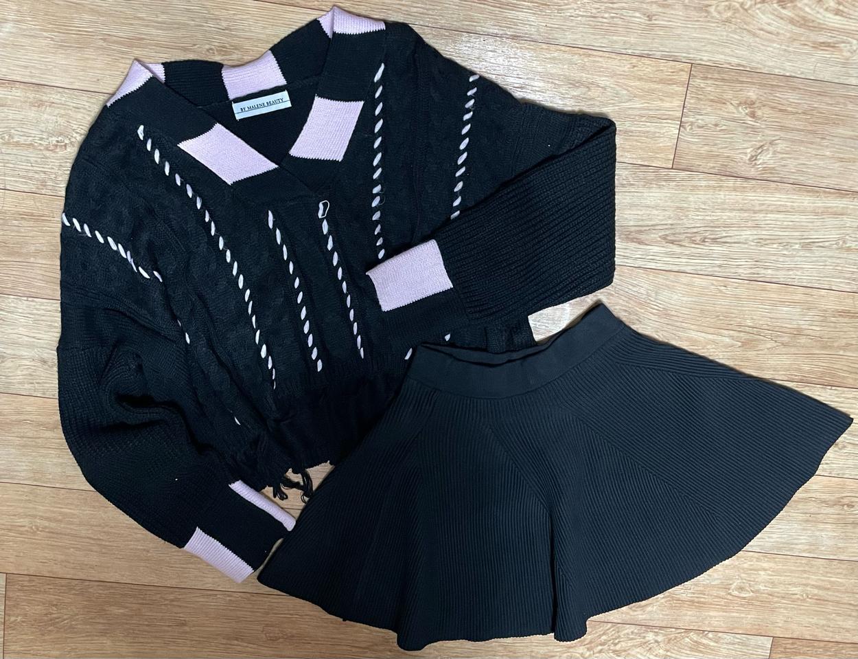 by malene beauty 블랙 핑크 니트 스커트 치마 세트 투피스