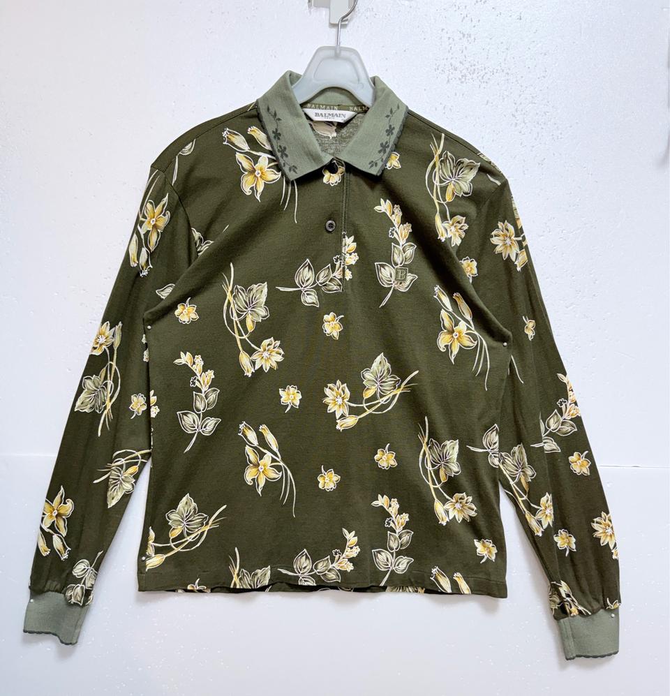 BALMAIN 발망 플라워 패턴 카라 티셔츠 카키 95 명품 카라티