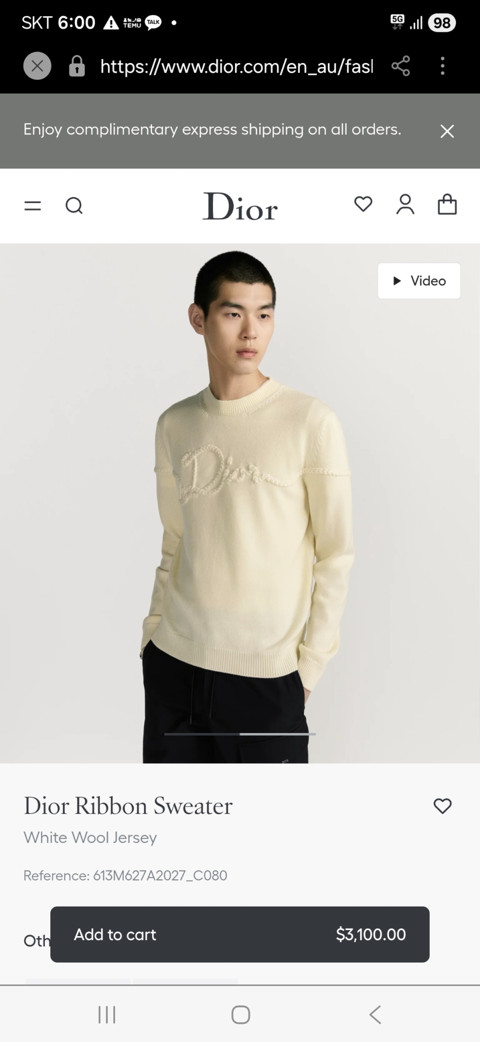 디올 25fw 리본 스웨터 티셔츠 국내매장판