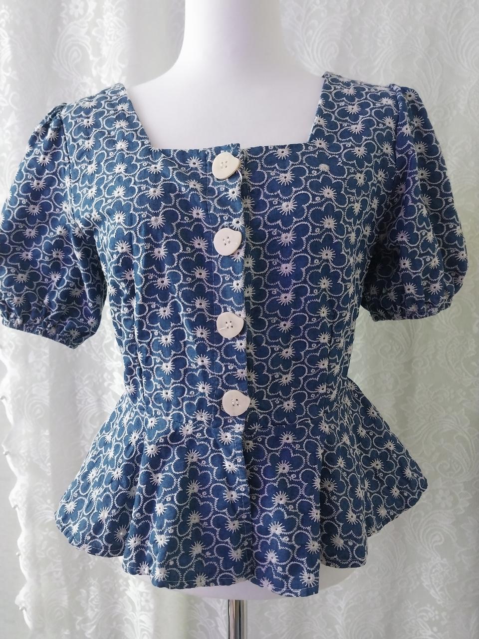 데님 여름스퀘어넥 반팔 블라우스