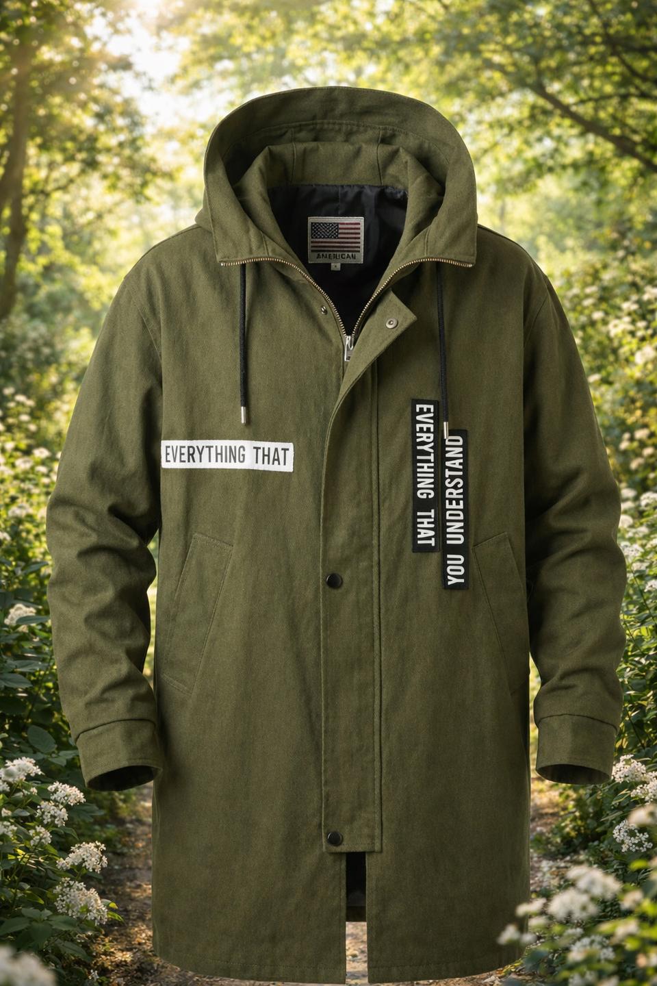 아메리칸 카키색 후드 롱 야상 코트