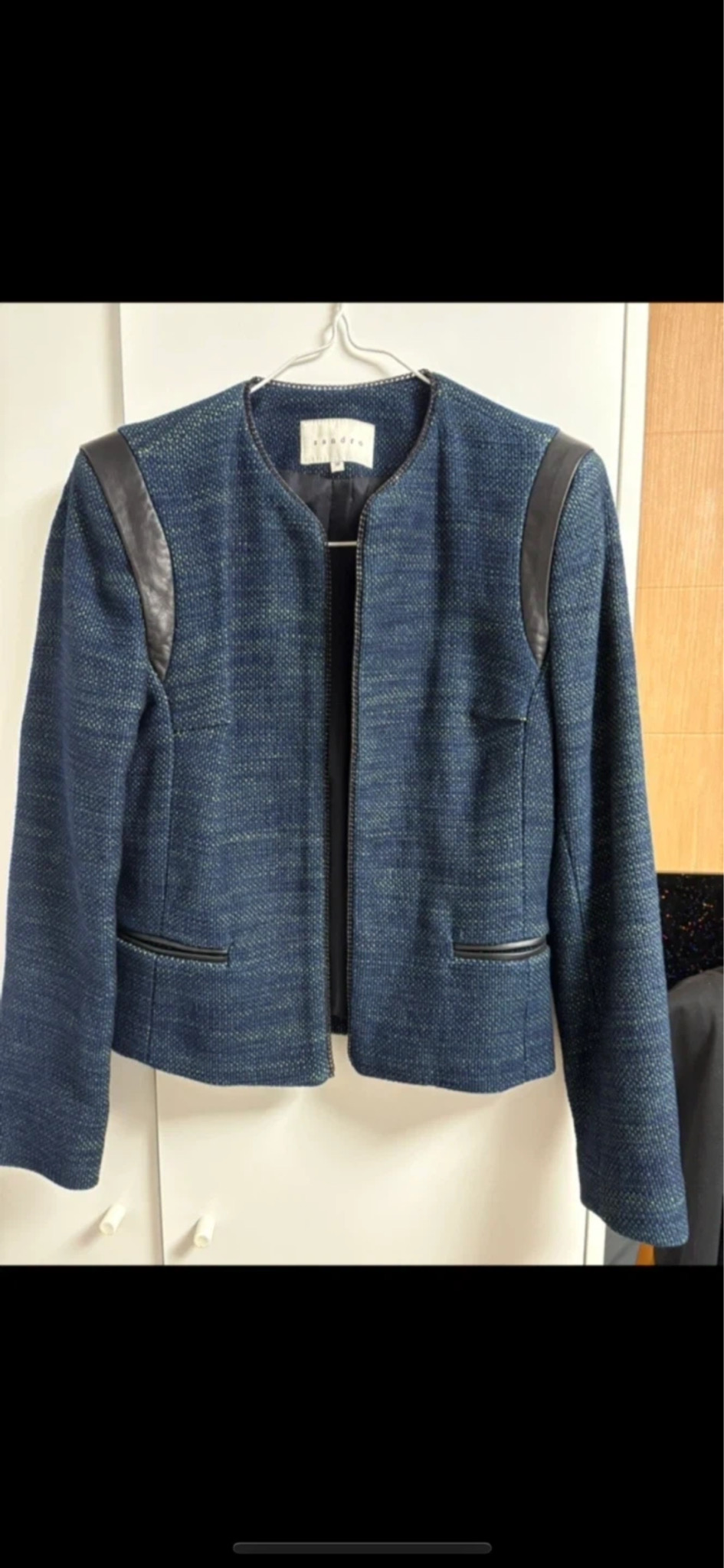 산드로 블루 트위드 오픈형 자켓