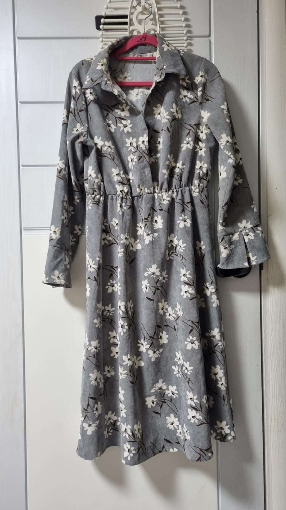 플라워 롱 골지 원피스 회색 꽃무늬