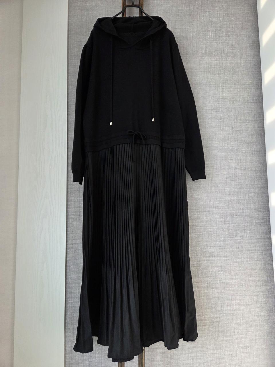 후드 니트+플리츠 맥시원피스