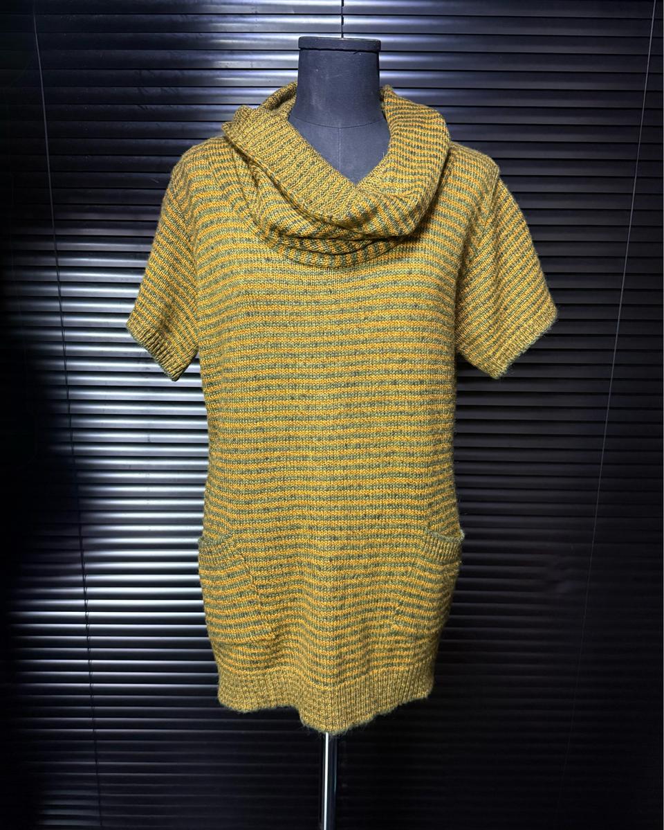 일본 스트라이프 니트 카울넥 반팔 니트 울 혼방 에스닉 웨스턴 갸루 로리