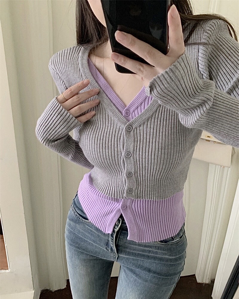 그레이 회색 연보라 배색 골지 니트 스웨터 더블 카라 가디건 갸루 로리