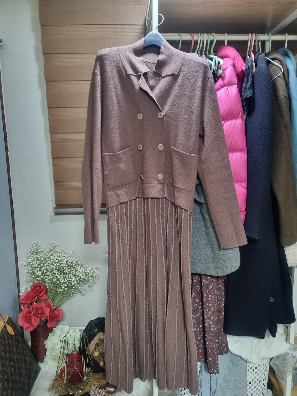 (보세)니트 플리츠 정장식 주름 롱원피스