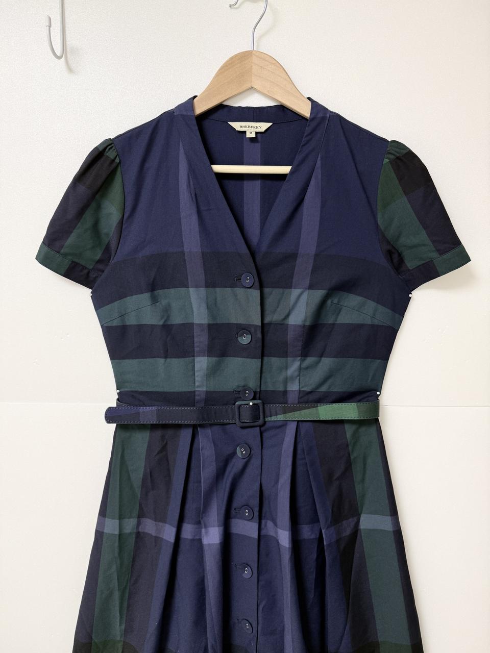 버버리 스타일 체크 원피스 S / 네이비 그린 벨트 체크 원피스