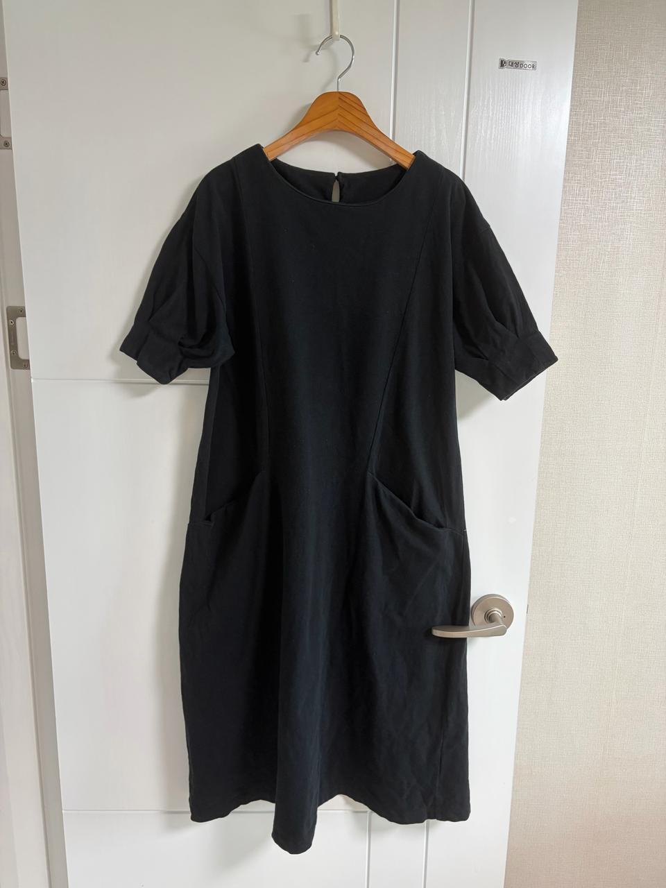 (일본 수입 빈티지)반팔 원피스 블랙 롱 면100 캐주얼 M 포켓