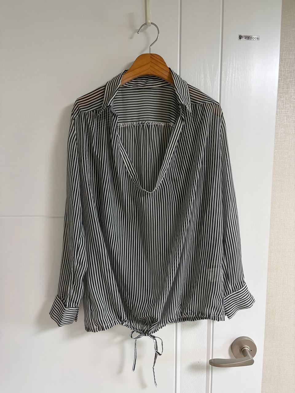 (일본 수입 빈티지)스트라이프 셔츠 블라우스 얇은 시스루 롤업 M