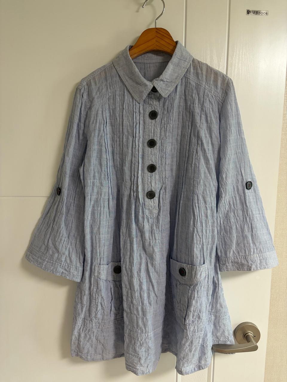 (일본 수입 빈티지)긴팔 셔츠 원피스 블루 롤업 면 코튼 M 롱블라우스