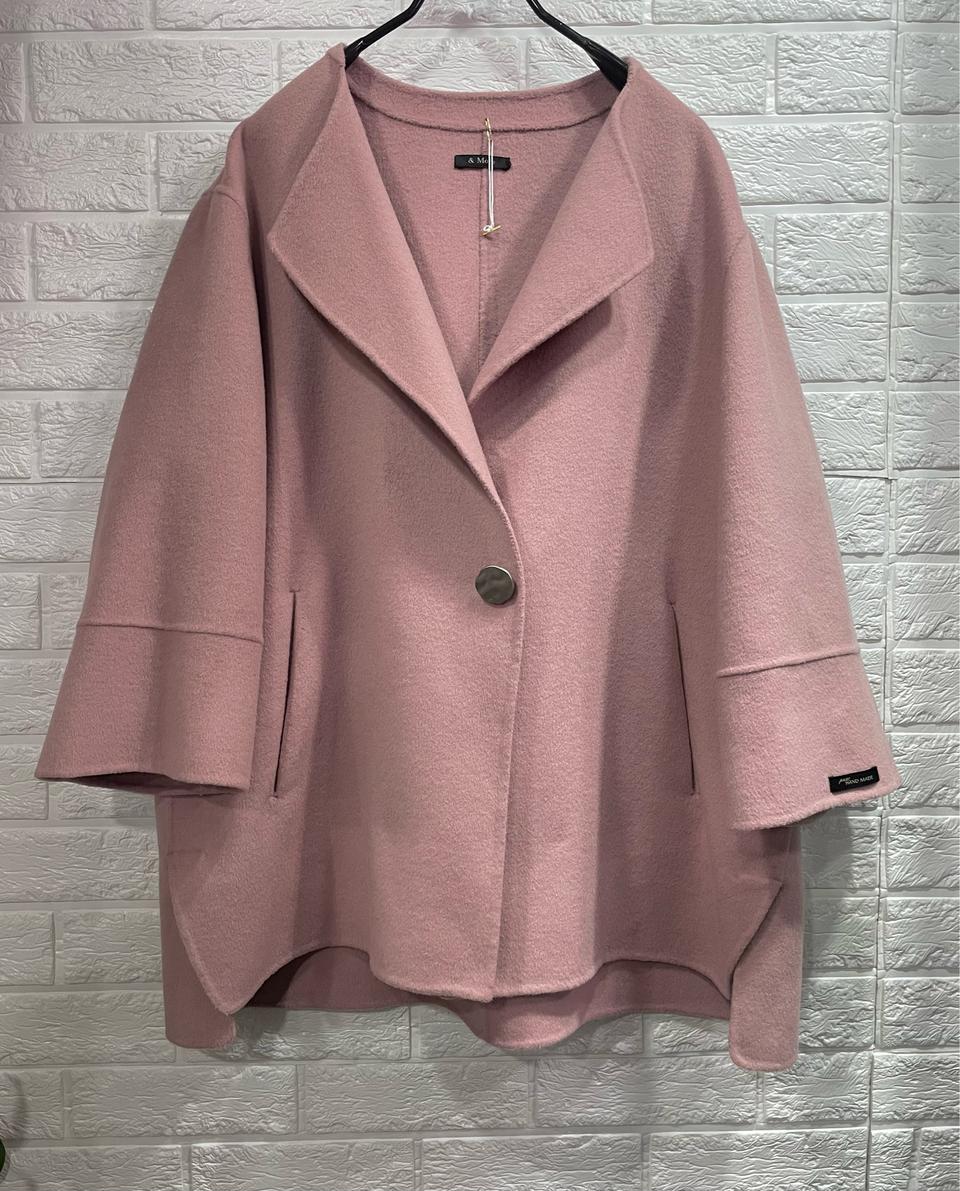 새상품)핸드메이드 핑크 여성울숏코트100 모직하프반코트 77.88 하객룩