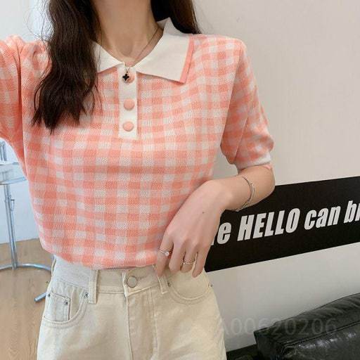 체크 카라 니트 반팔 티셔츠 코랄 핑크 / 쇼퍼랜드 아뜨랑스 니어웨어