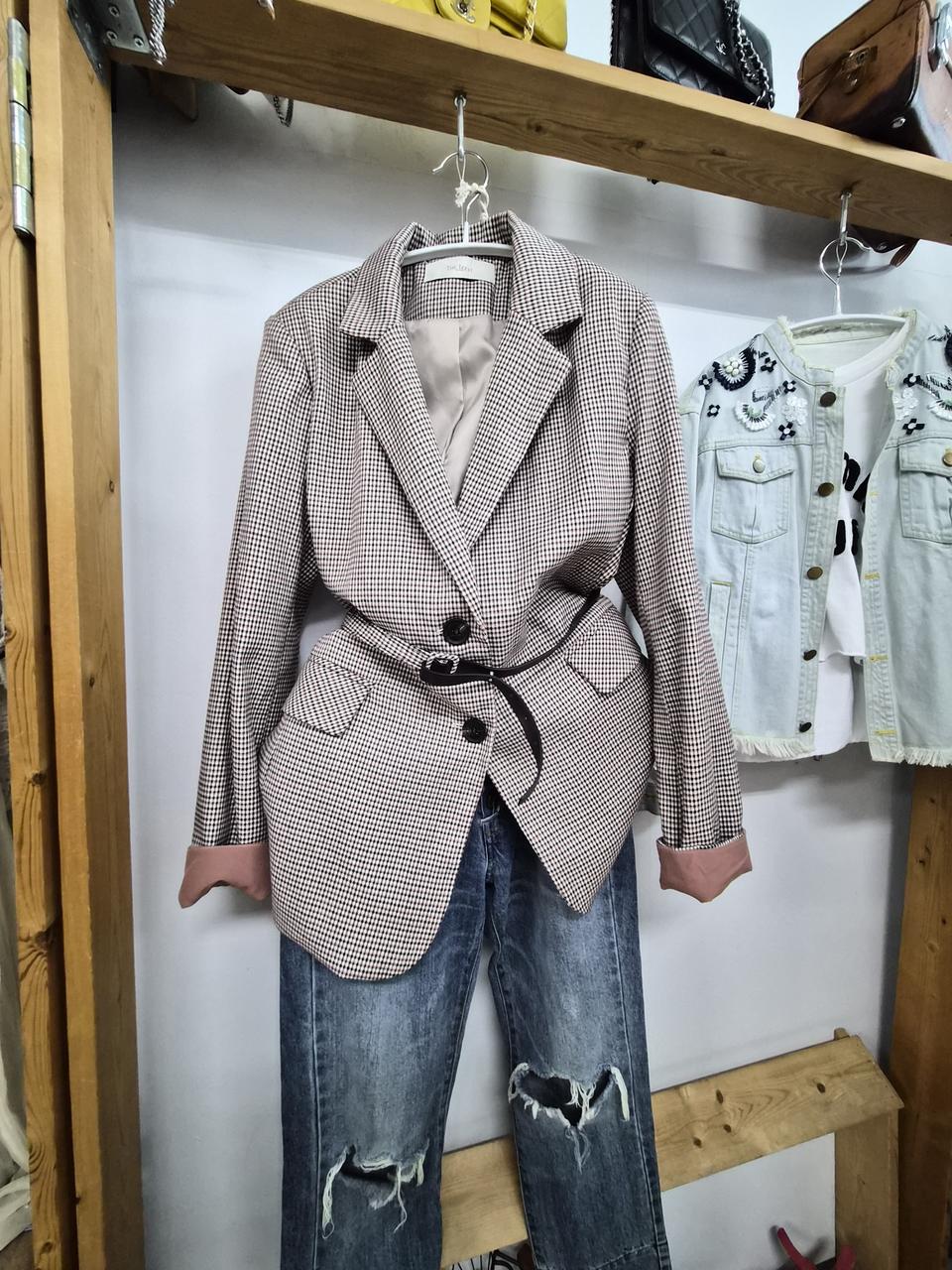 더 아이잗 체크벨트 롱자켓