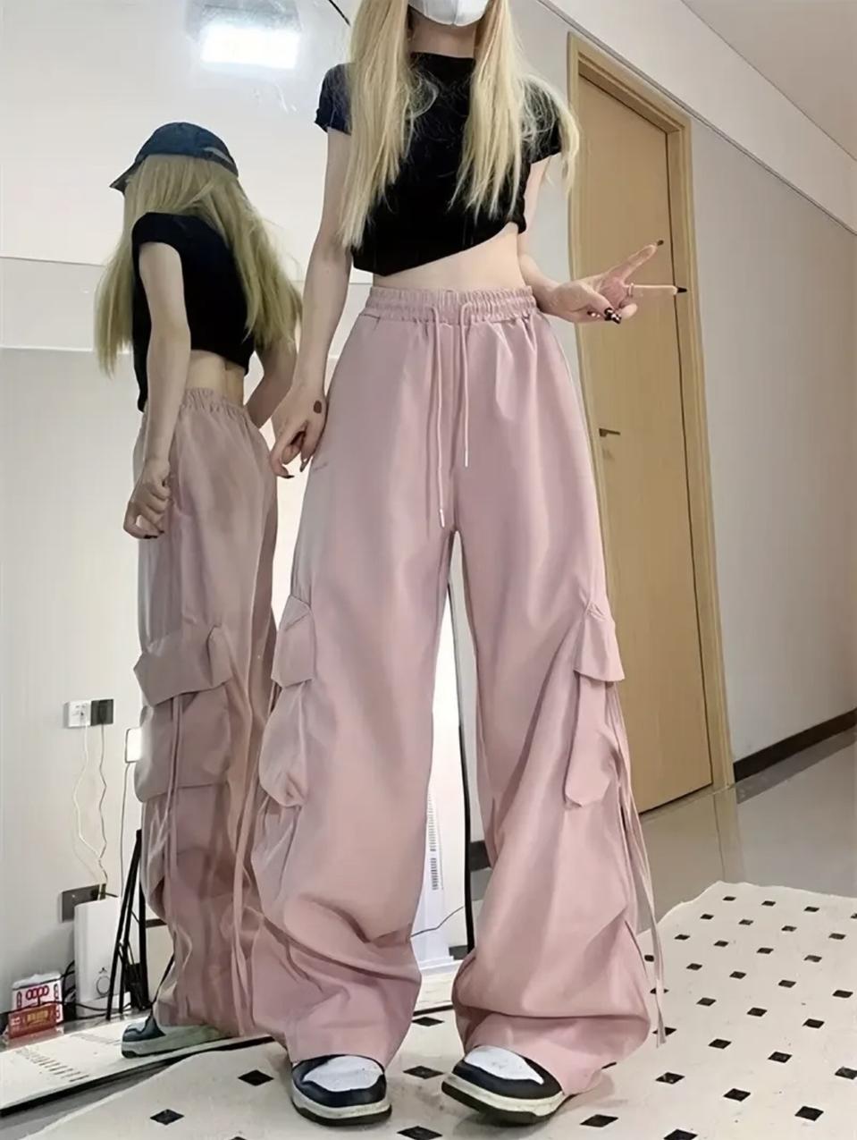 핑크 와이드 카고 바지