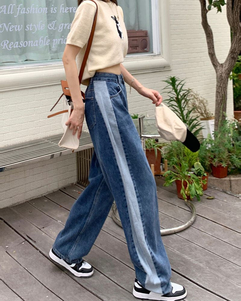 라인 배색 와이드 데님 팬츠