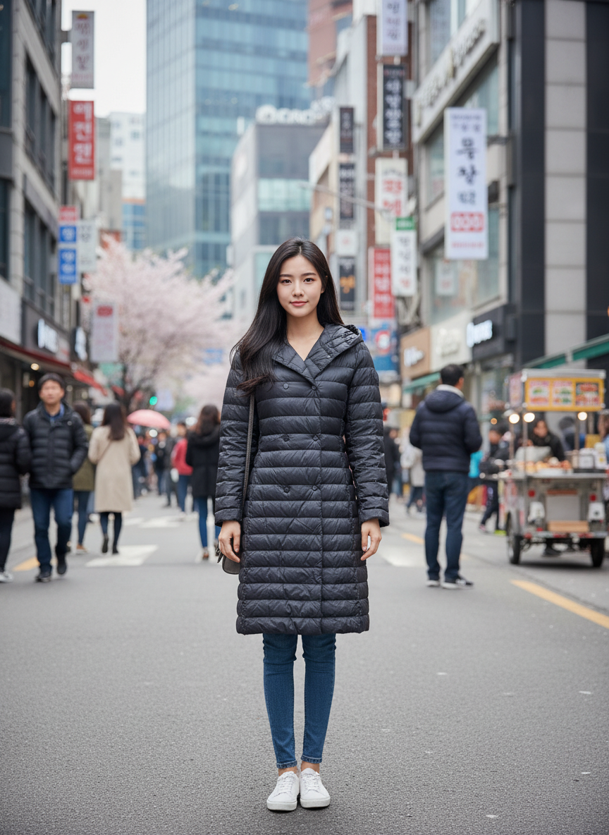 봄 가을 초겨울 환절기 가벼운 경량패딩 덕다운 롱패딩 검정색