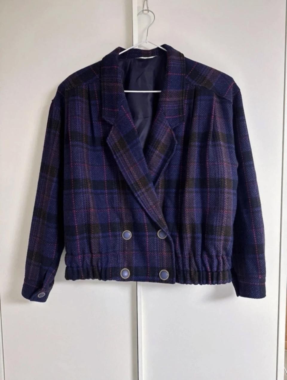 빈티지 퍼플 체크 투피스 자켓 스커트