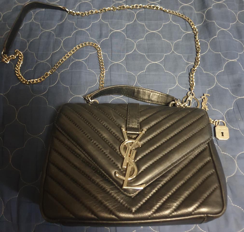 생로랑 컬리지 마틀라세 레더 은장로고 사첼백 블랙