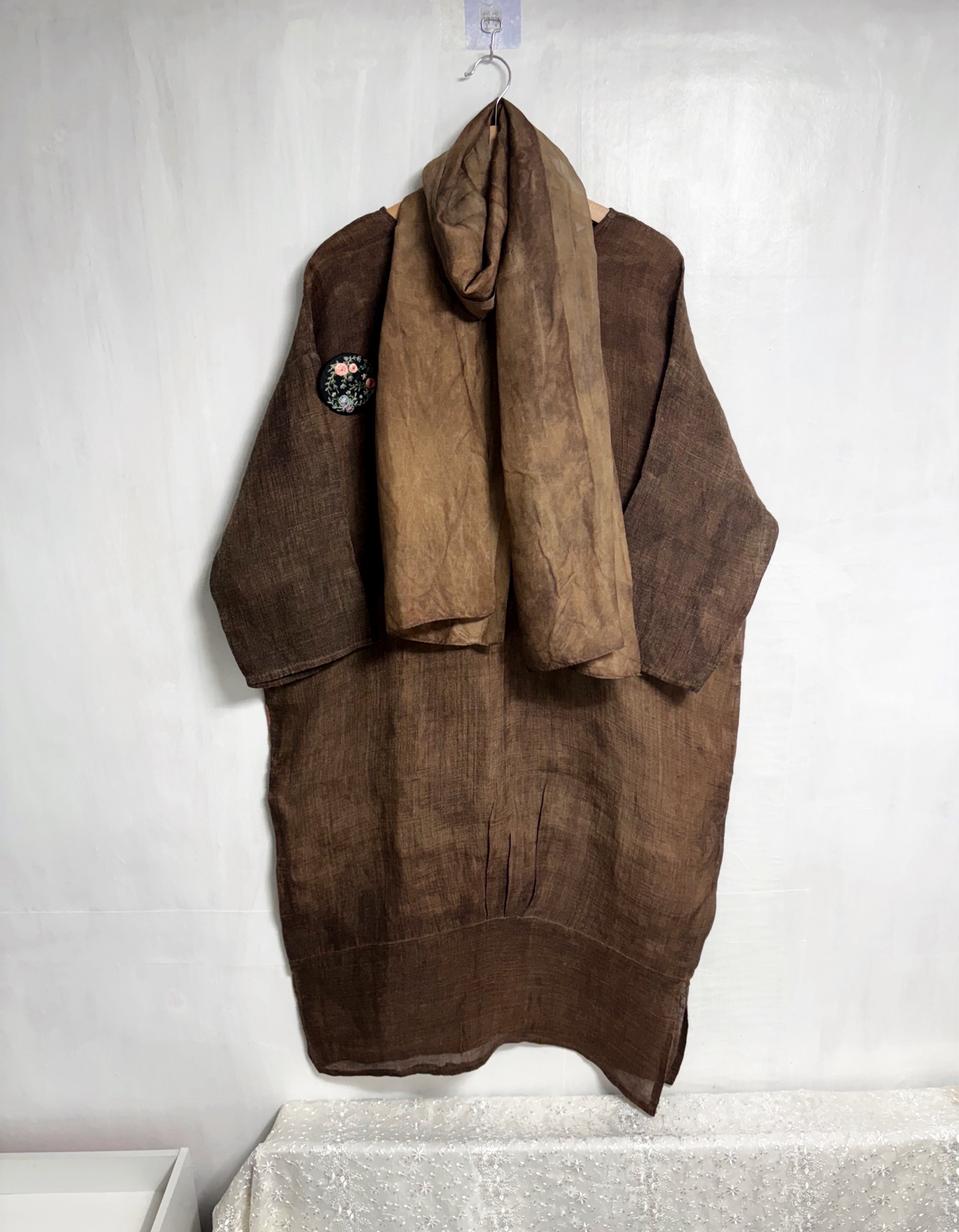(맞춤옷) 천연 감물염색 통 삼베 원피스, 천연 감물염색 인견 스카프