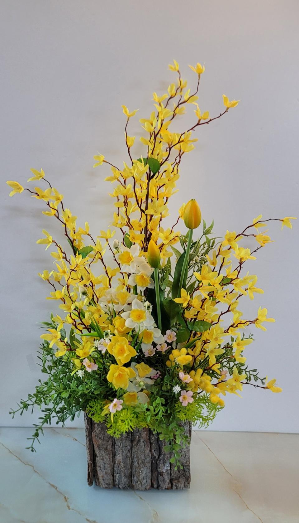 (새상품)고급 봄 옐로우 센터피스와 나무화분/인테리어소품