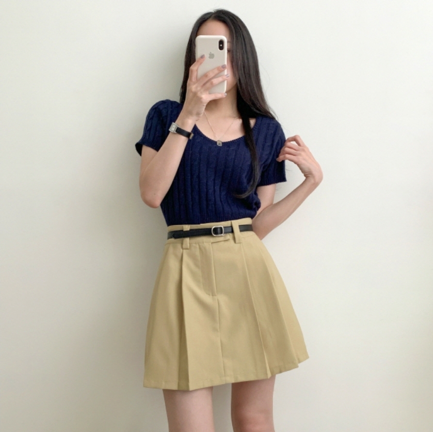 199 베이지 플리츠 미니스커트 L
